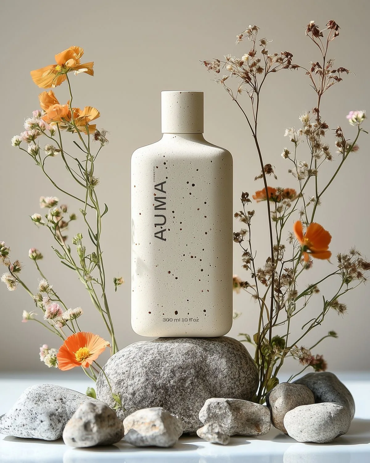 AI product photography of AUMA cosmetics bottle with wildflowers and natural stones by Automyze Studio