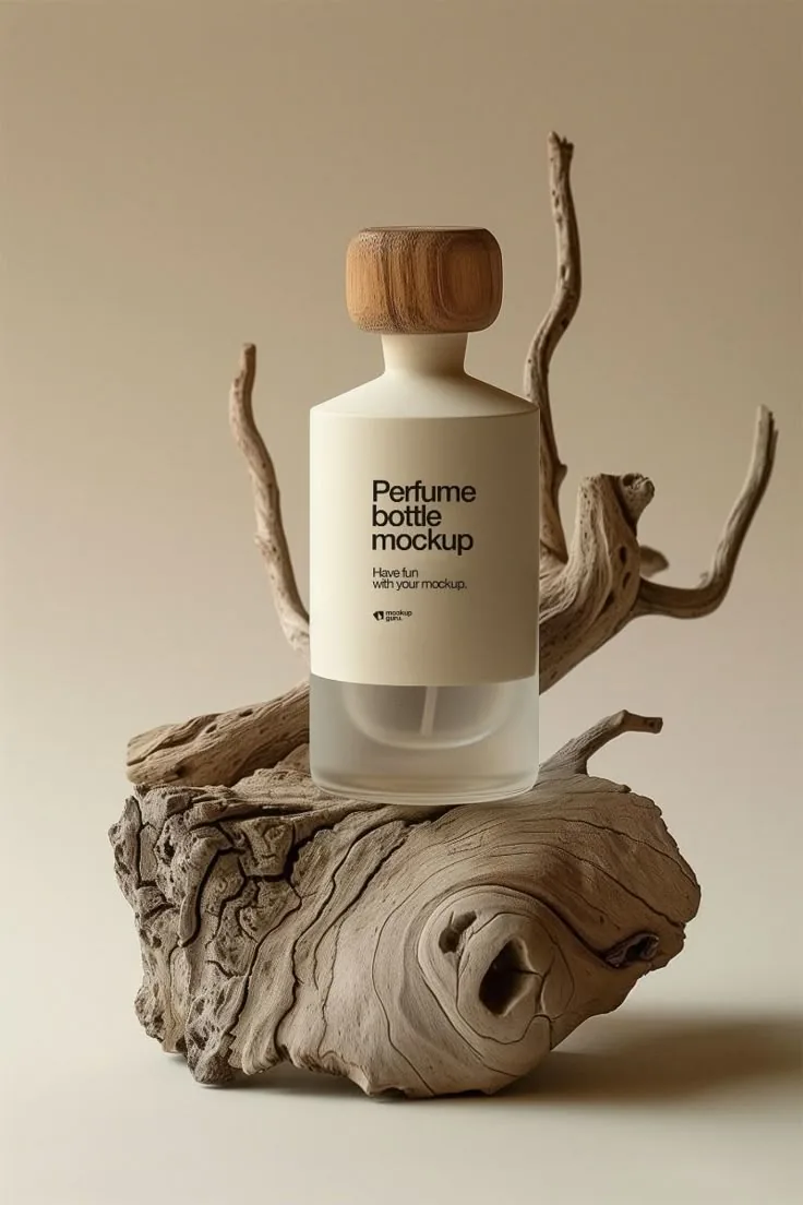 AI-generated perfume bottle mockup on natural driftwood by Automyze Studio Mumbai
